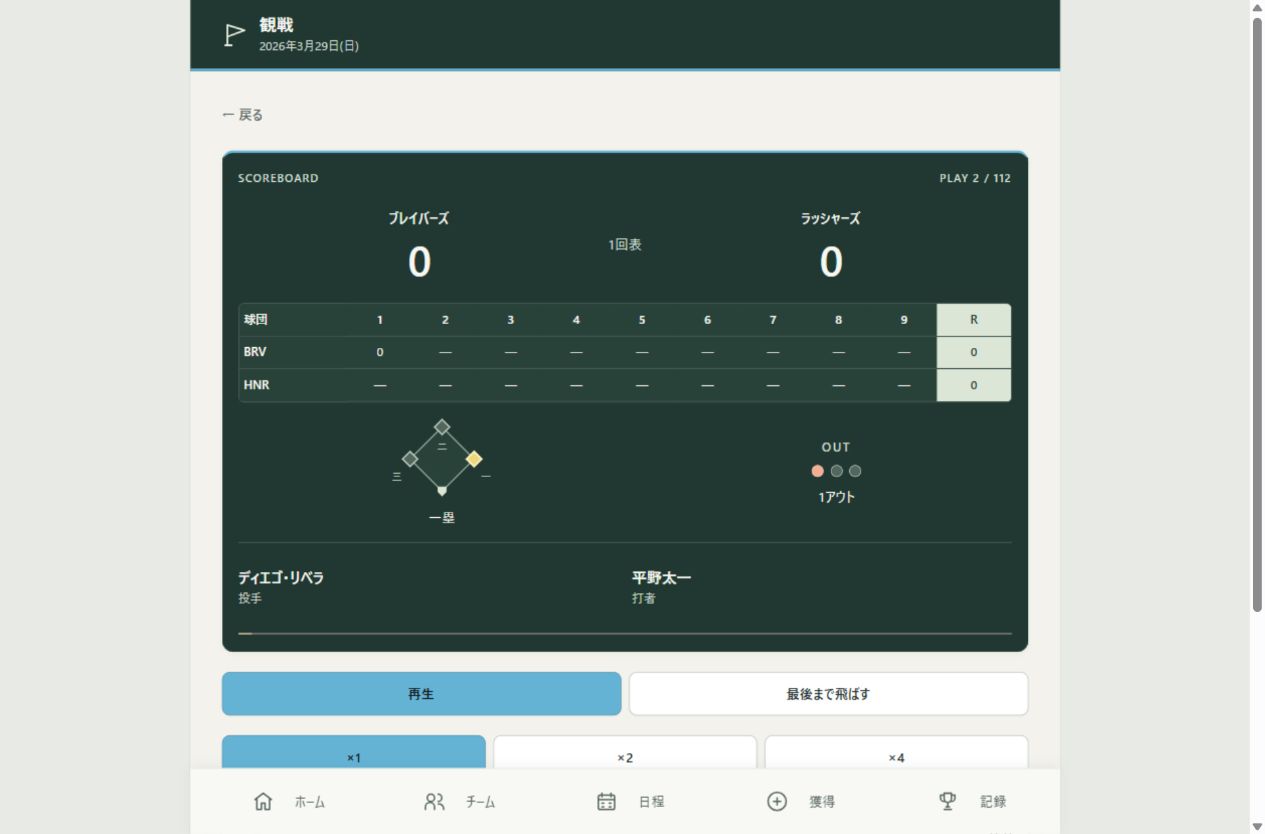 得点、イニング、走者のいる塁、アウト数を表示する試合画面